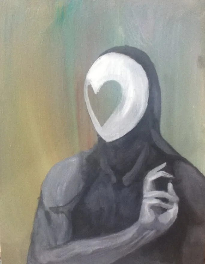 Atom, a hooded figure with a white heart-shaped mask, 2014