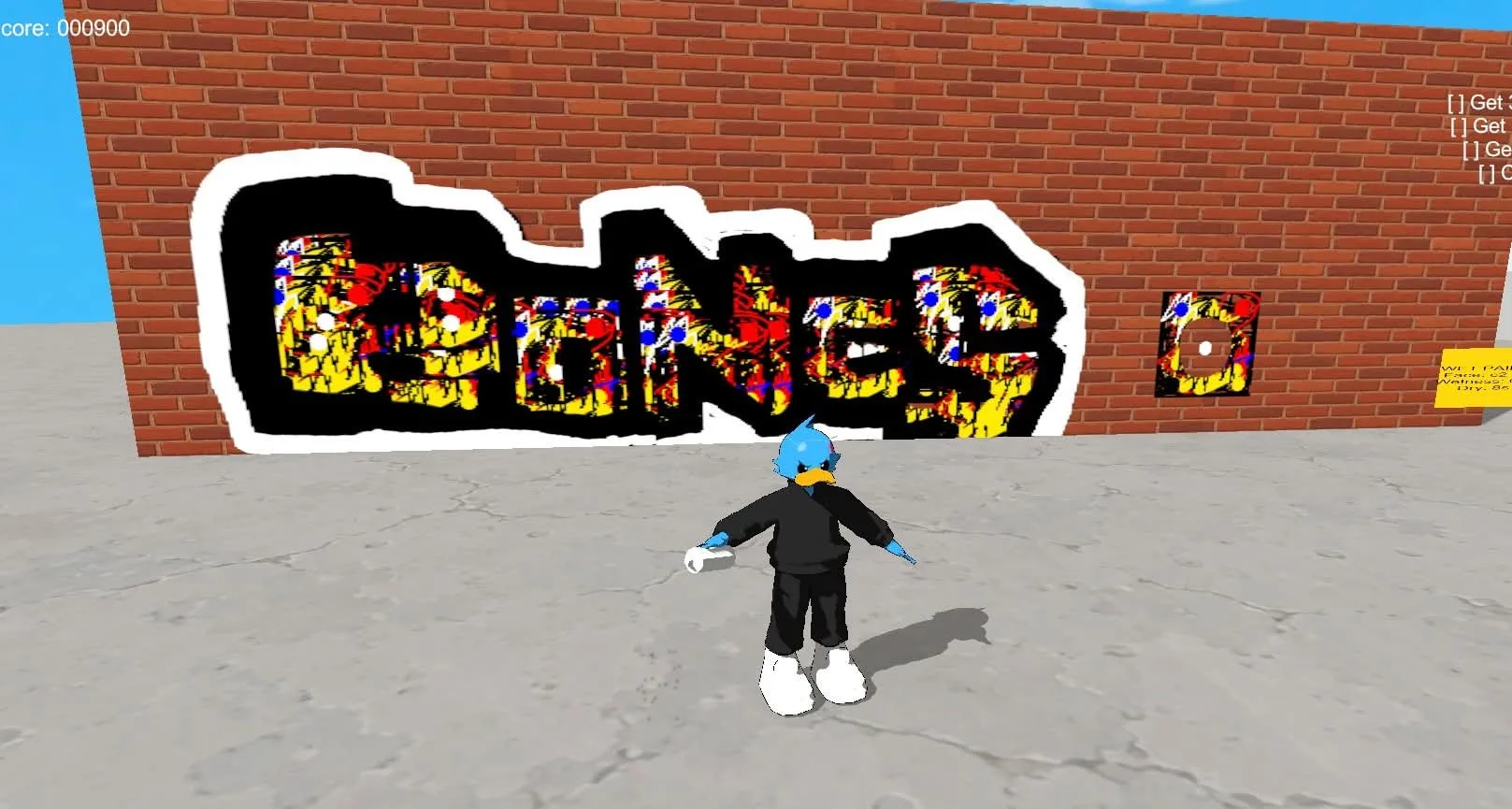 Blue duck skater standing before a finished BONES graffiti piece on a brick wall