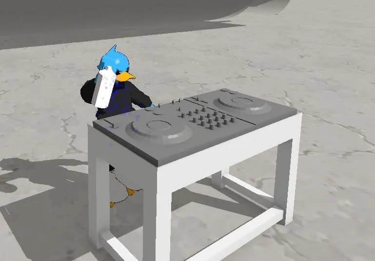 Blue duck character standing at DJ turntables while holding a spray can