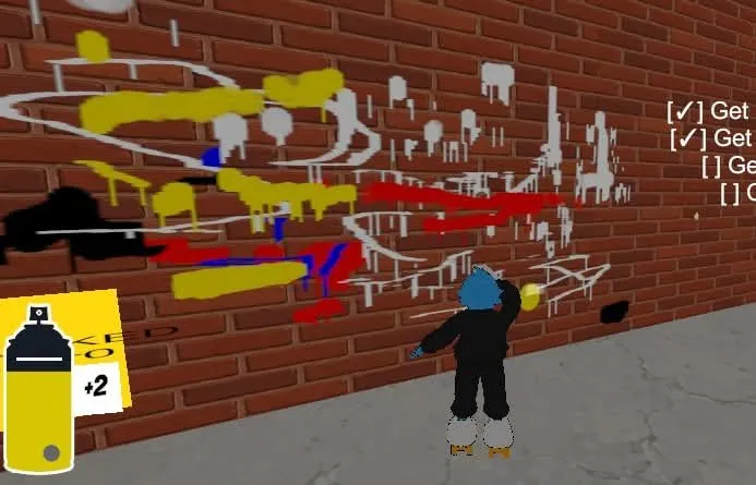 Blue duck skater spraying layered paint onto a brick wall with the spray-can HUD visible
