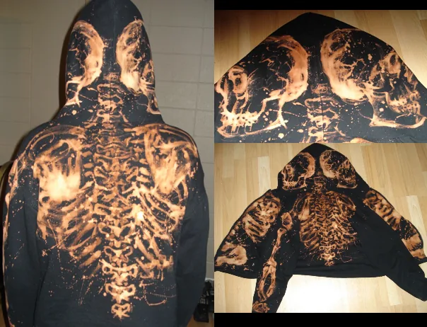 Representative work from the bleach-painted clothing series: the Bleach Bones hoodie