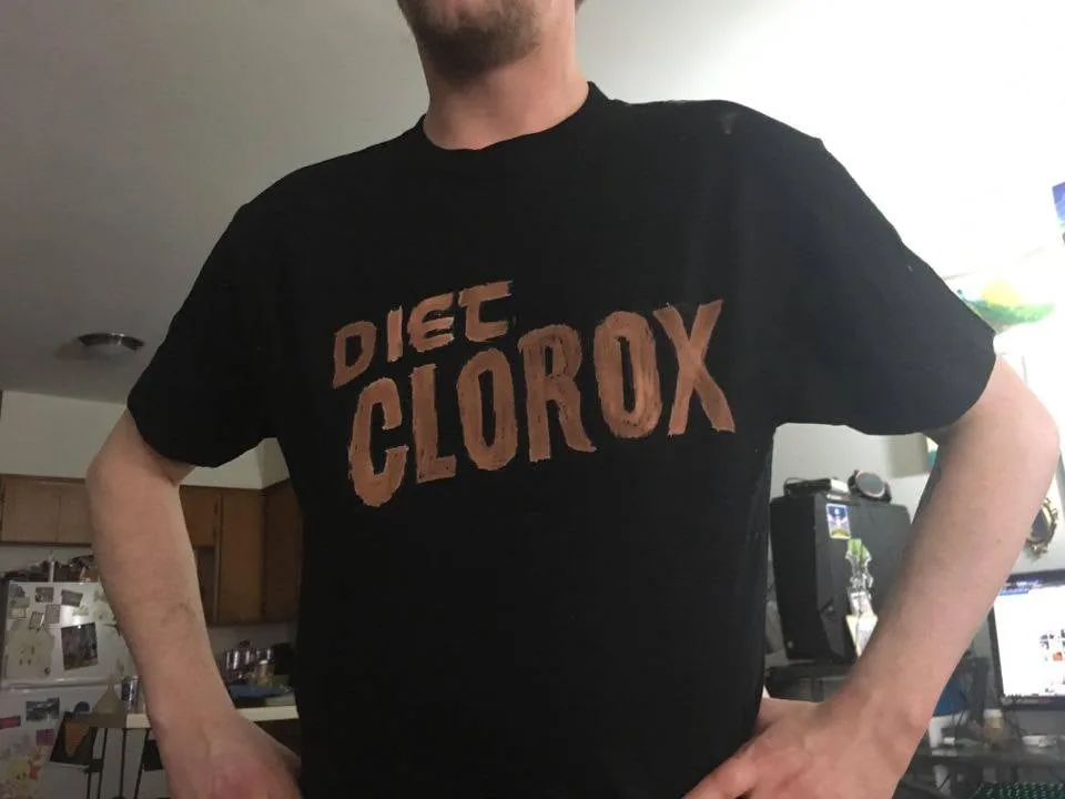 Black T-shirt bleach-painted with the words Diet Clorox