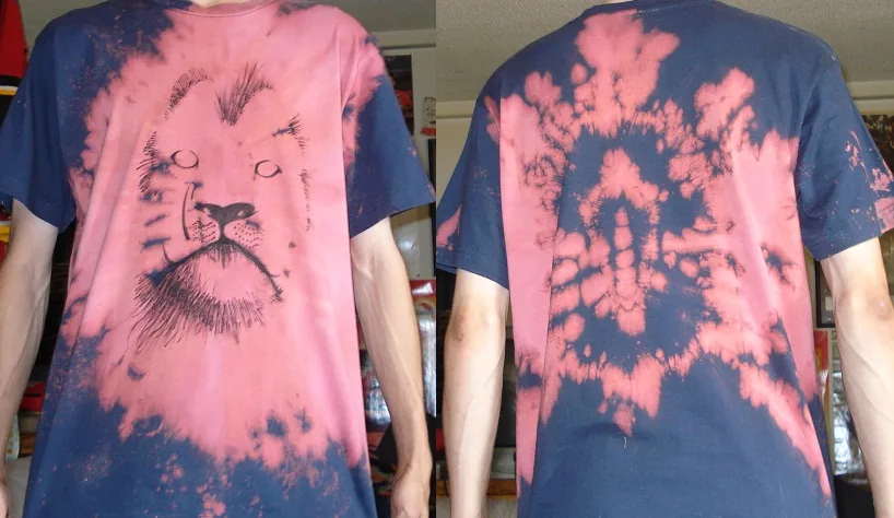 Front and back views of a bleach-painted lion shirt