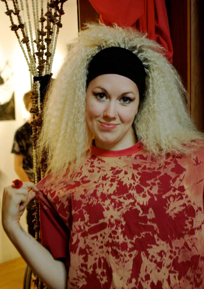 Red shirt with dense all-over bleach-painted floral pattern