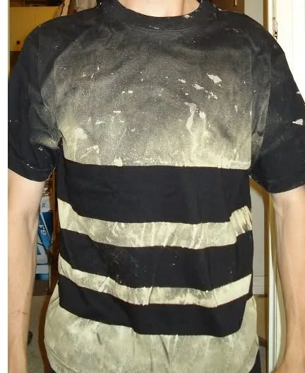 Black T-shirt bleach-painted with broad horizontal stripes