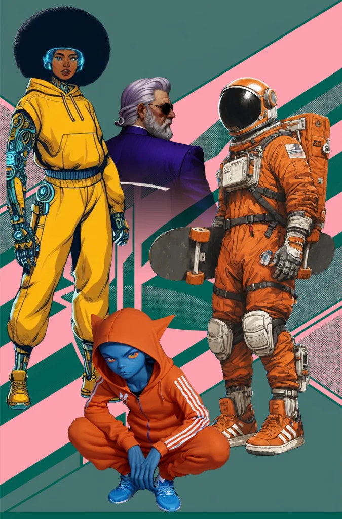 Captain Shred character lineup with an astronaut skateboarder and three supporting characters