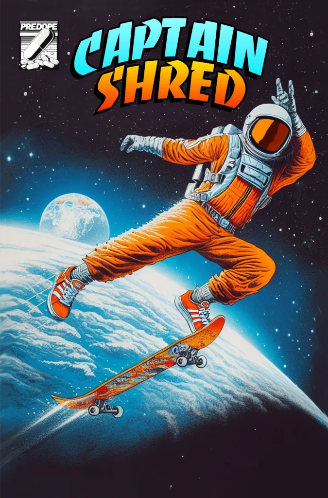 Captain Shred title art with an astronaut skateboarding above Earth