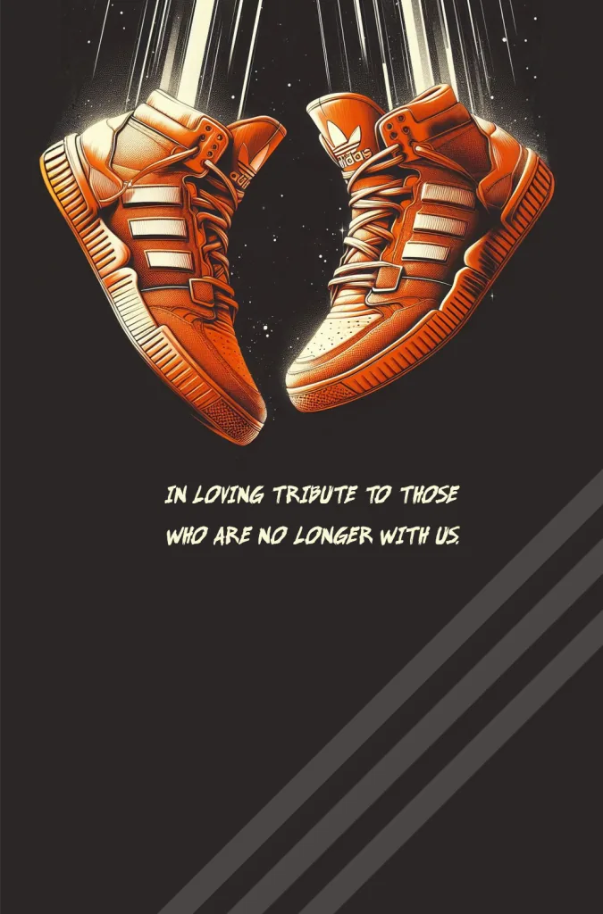 Captain Shred tribute image with orange high-top shoes suspended against a dark background