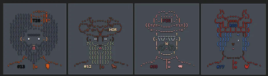 Four procedurally generated Crackerjacks ASCII player portraits for the Tigers, Horses, Pigs and Roosters