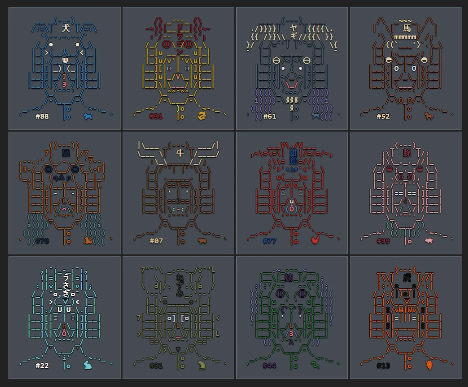 Grid of twelve procedurally generated Crackerjacks ASCII-art player portraits numbered 88, 31, 61, 52, 70, 07, 77, 99, 22, 01, 44 and 13