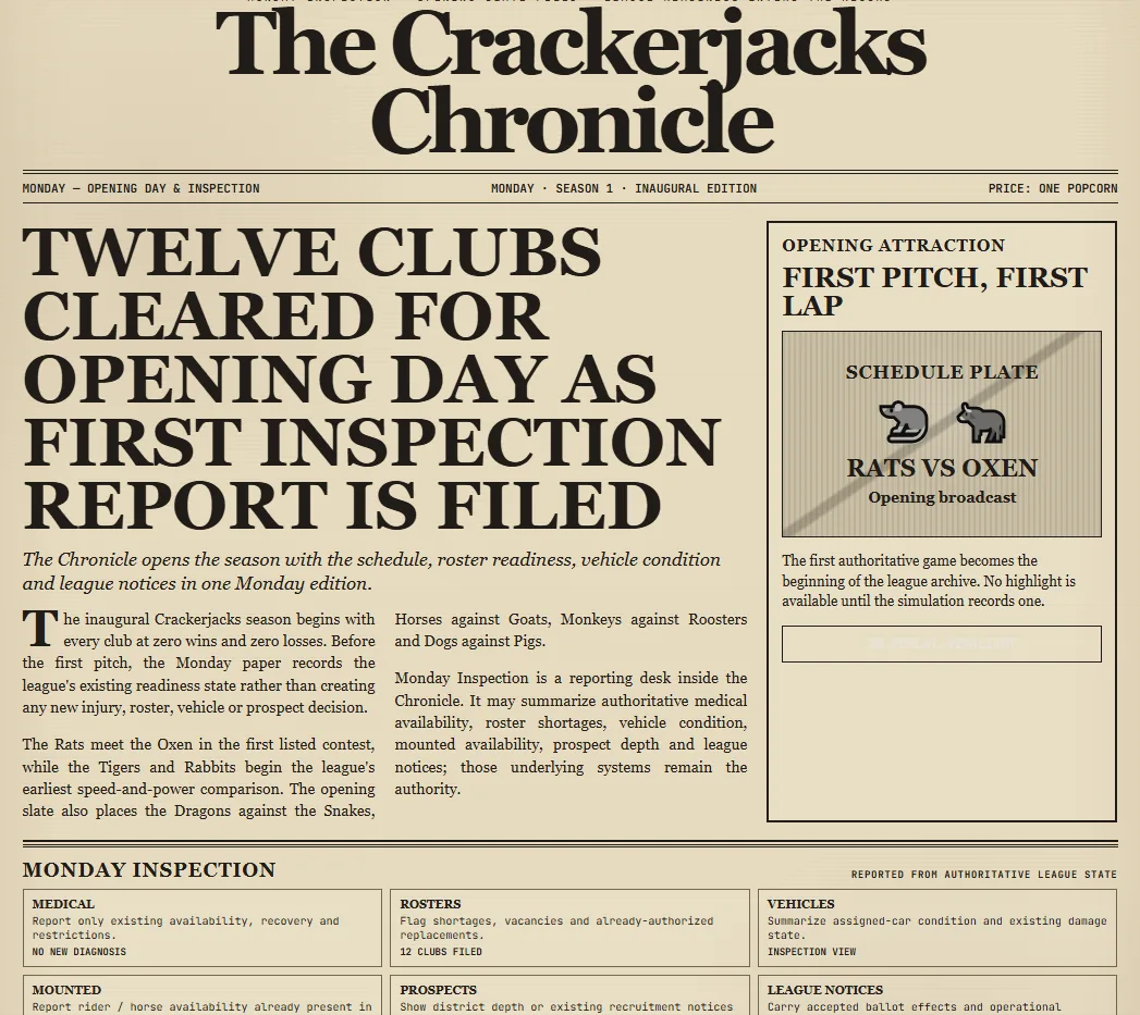 The Crackerjacks Chronicle opening-day newspaper showing the twelve clubs, Monday inspection and the Rats versus Oxen schedule