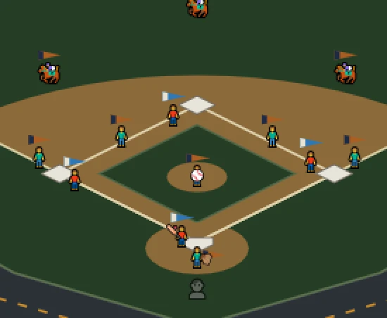 Close-up of the Crackerjacks baseball diamond with pixel-art fielders, flags and the pitcher's mound
