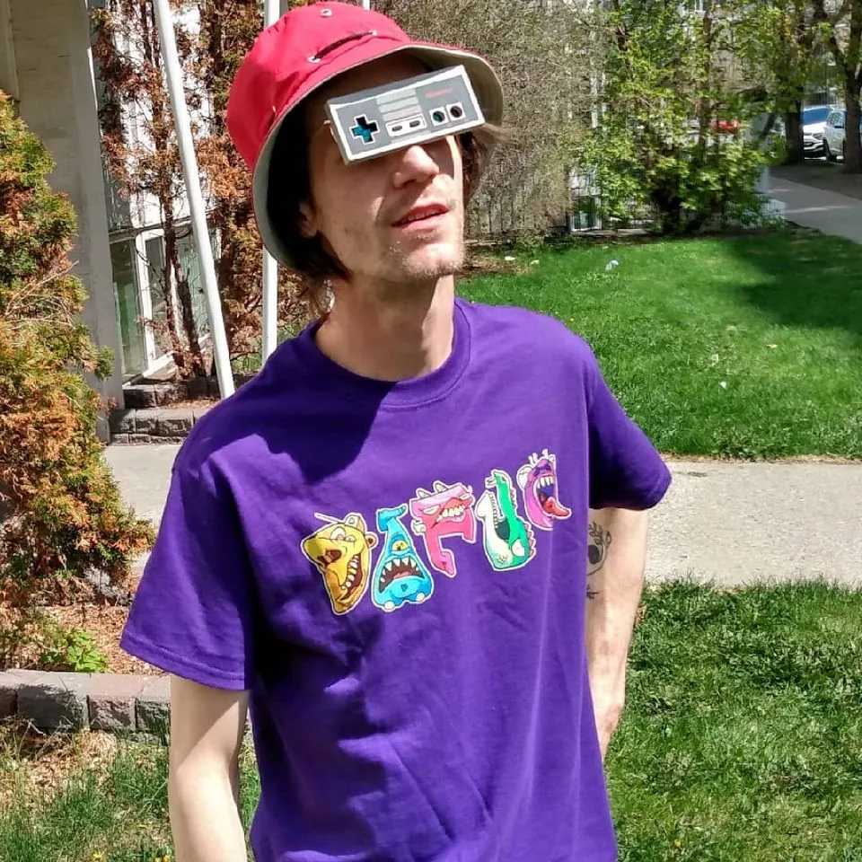 Printed purple DAFUQ T-shirt being worn