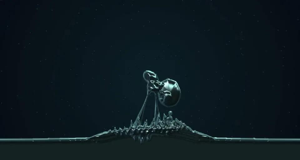 FERAL paired bodies connected above a reflective ferrofluid surface