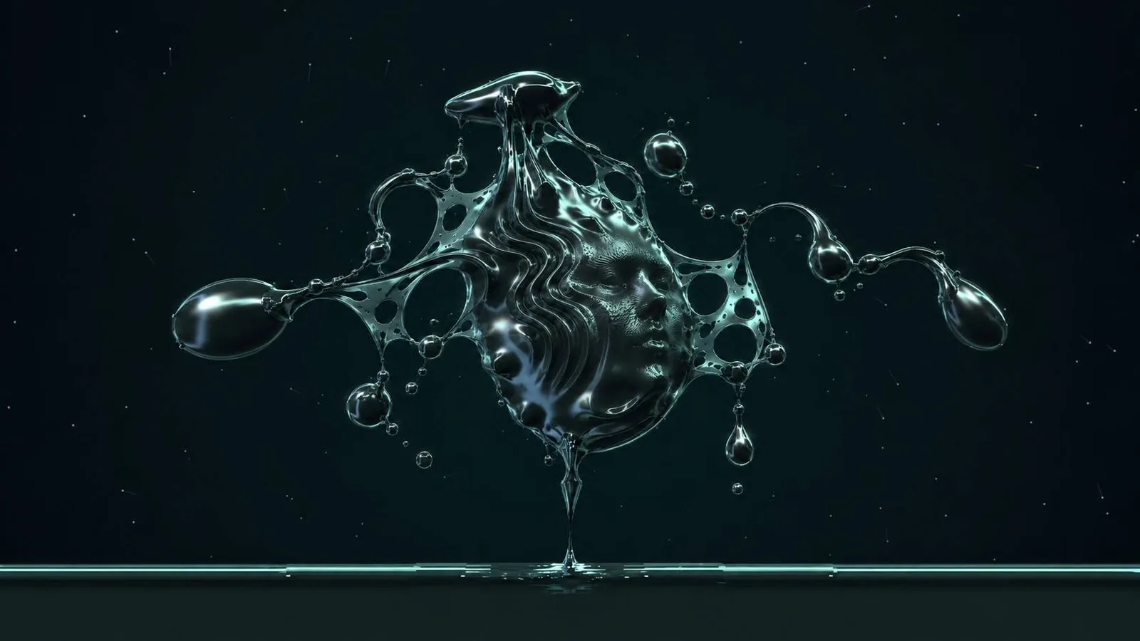 AI-generated FERAL concept image of a dancer’s face imprinted in a webbed ferrofluid body