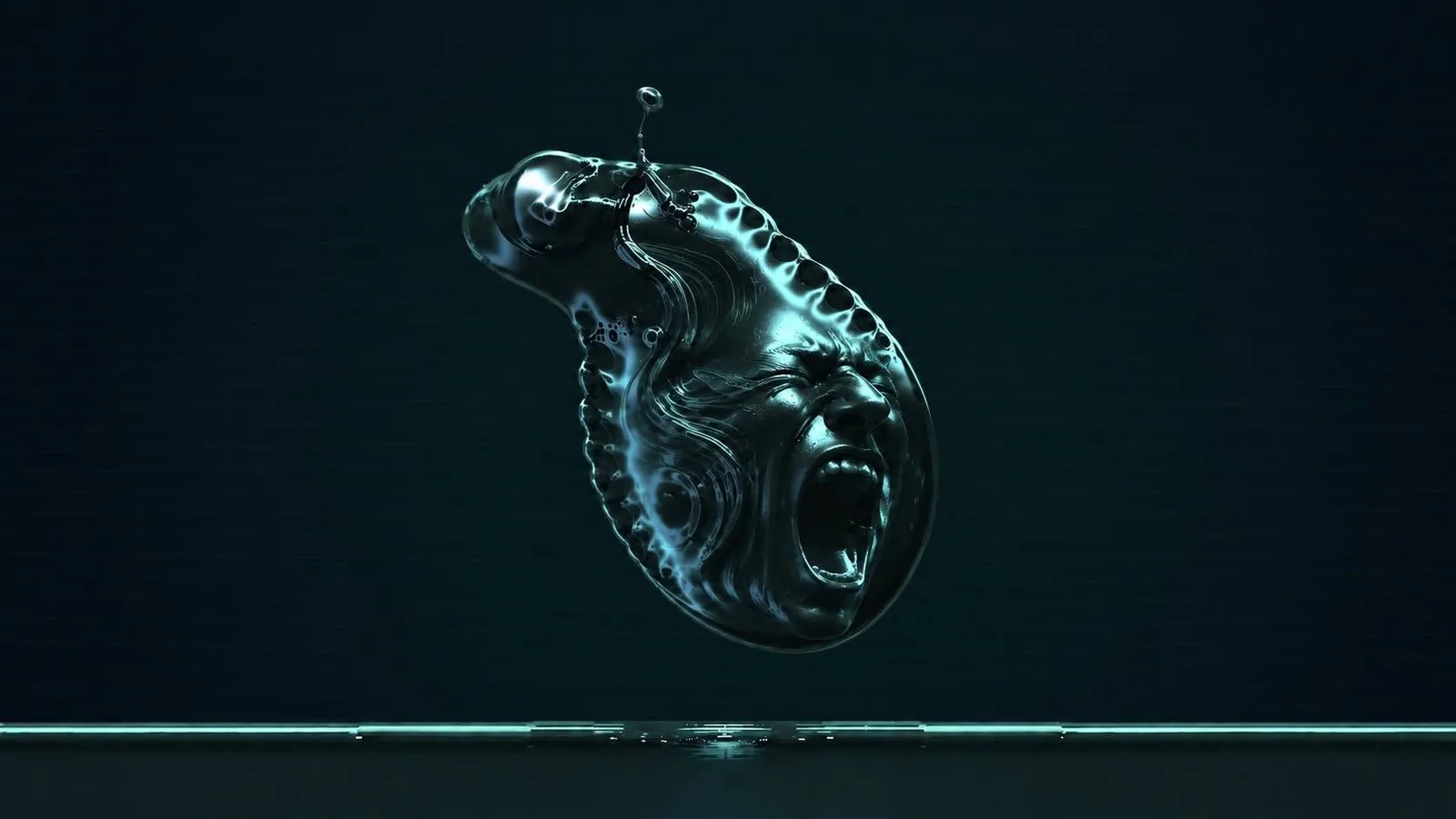 AI-generated FERAL concept image of a face emerging from a suspended ferrofluid form