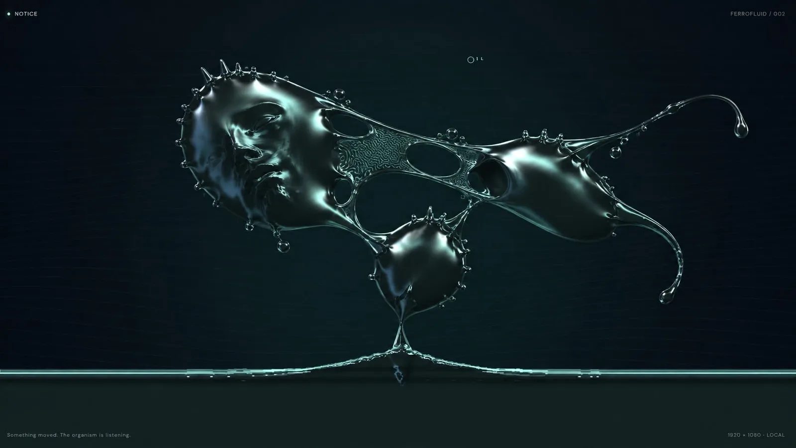 AI-generated FERAL concept image of a face embedded in a stretched ferrofluid web
