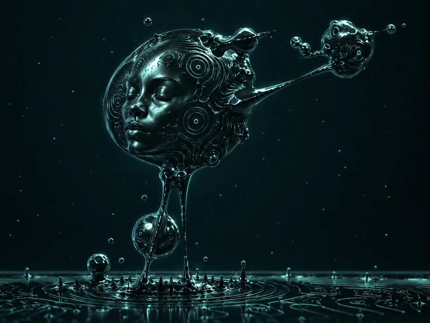 AI-generated FERAL concept image of a serene face formed within a liquid-metal organism