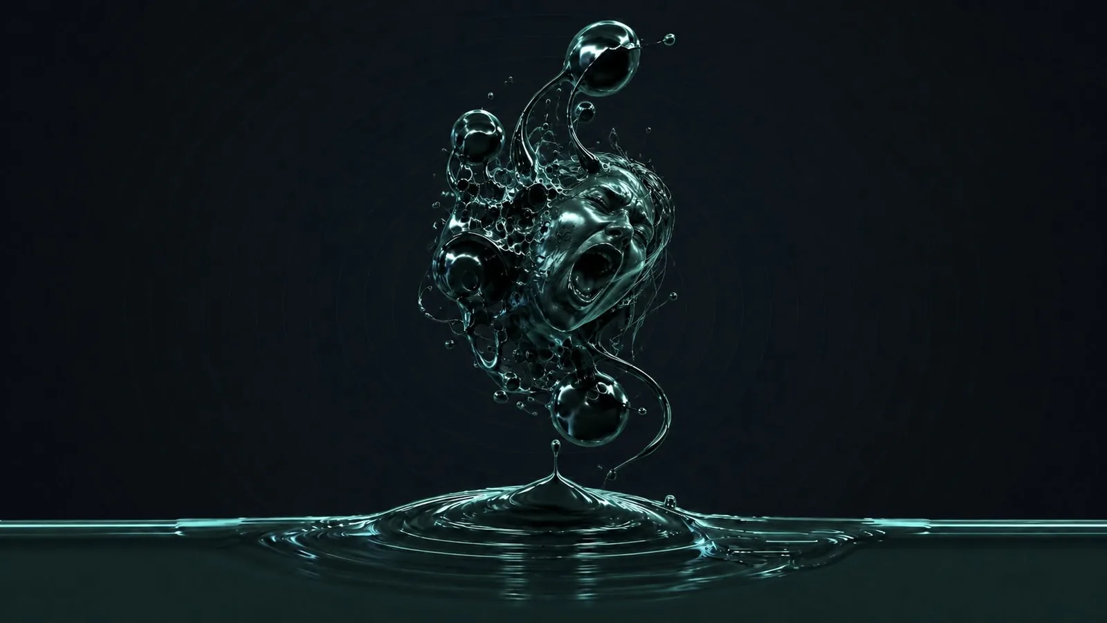 AI-generated FERAL concept image of an expressive face held within orbiting ferrofluid bodies