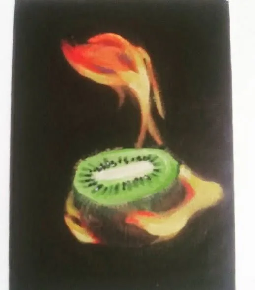 Painting of a sliced kiwi burning against black