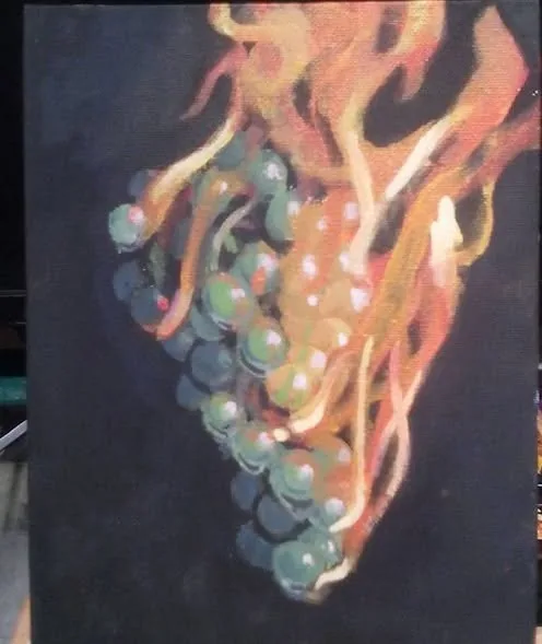 Painting of grapes engulfed in orange flame