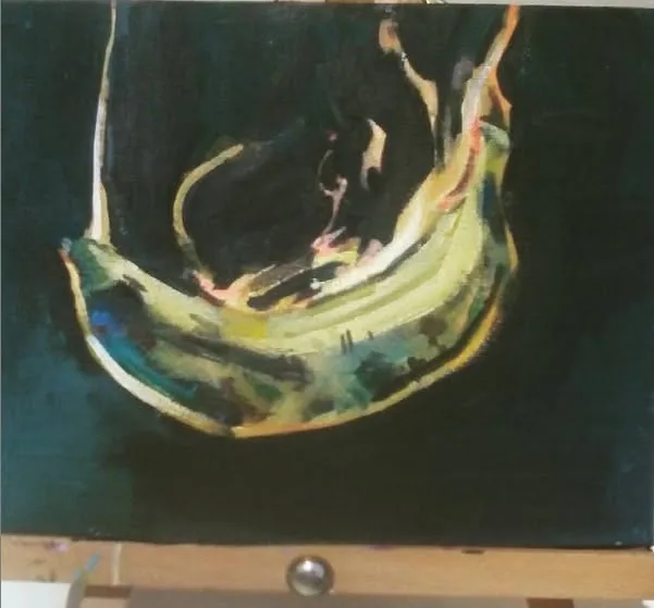 Painting of a banana burning against black