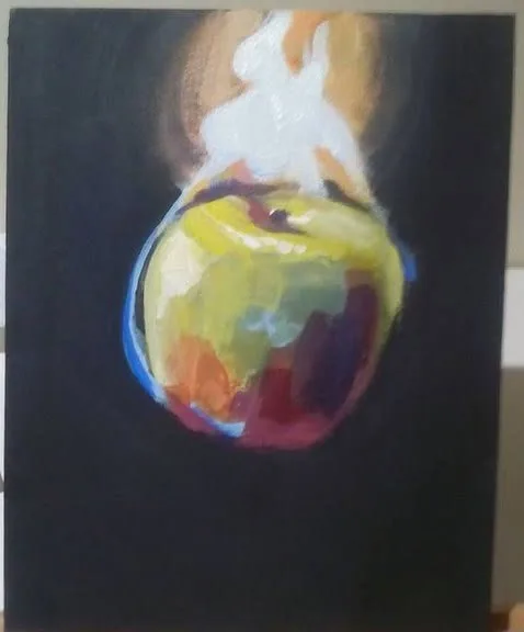 Painting of an apple burning with pale flame
