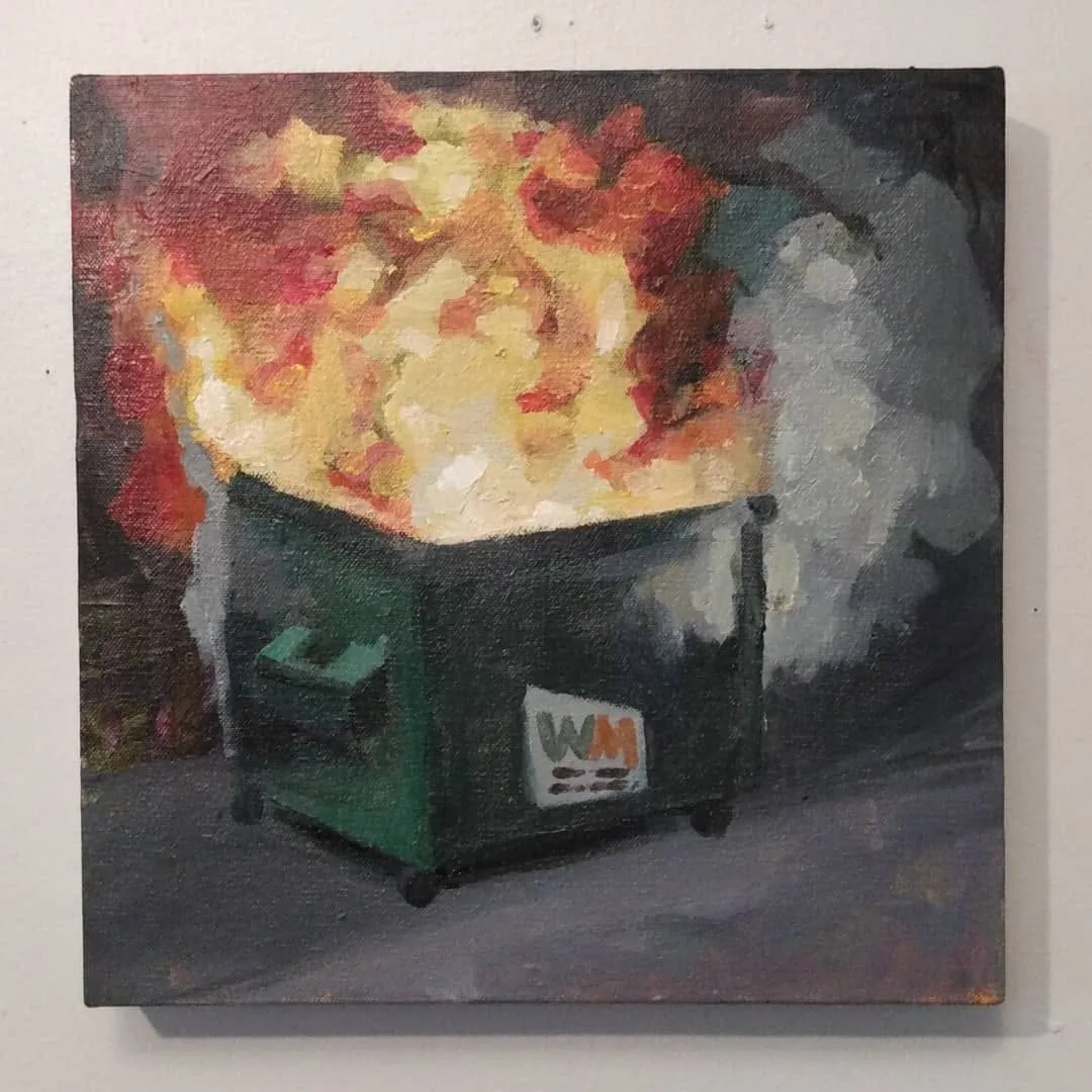Painting of a Waste Management dumpster engulfed in fire