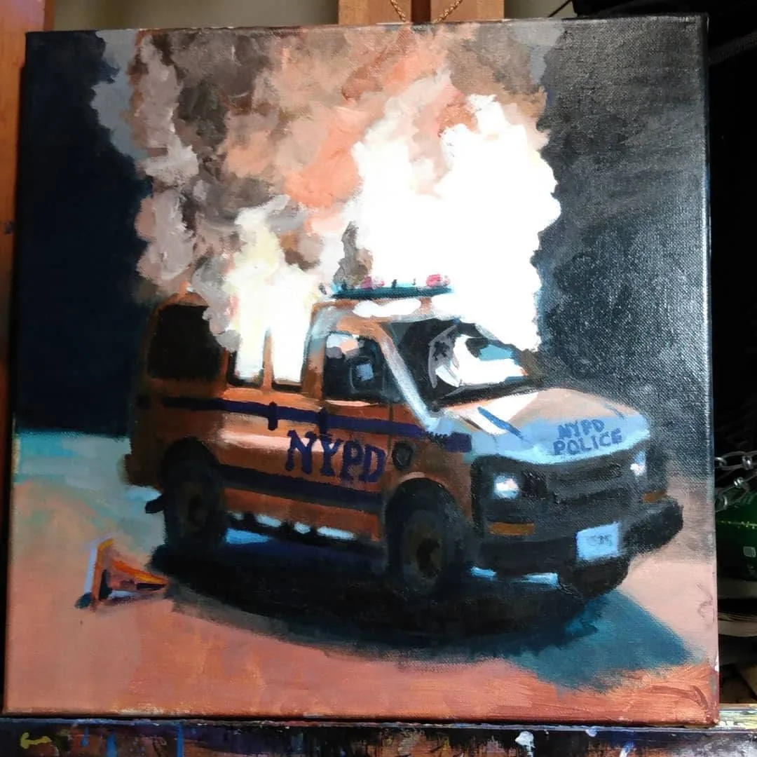 Painting of an NYPD van engulfed in fire