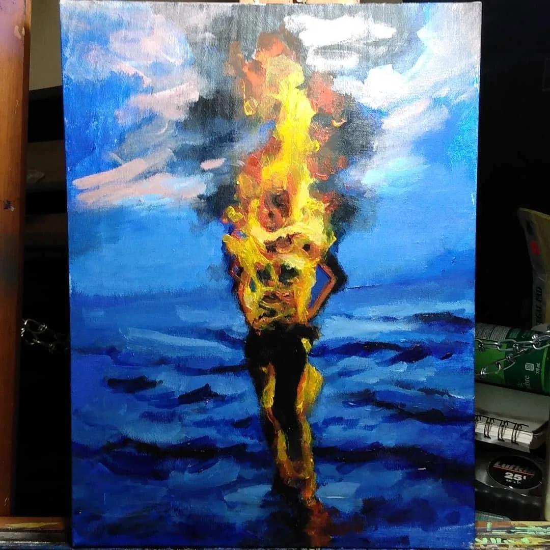 Painting of a torch-like burning figure against blue