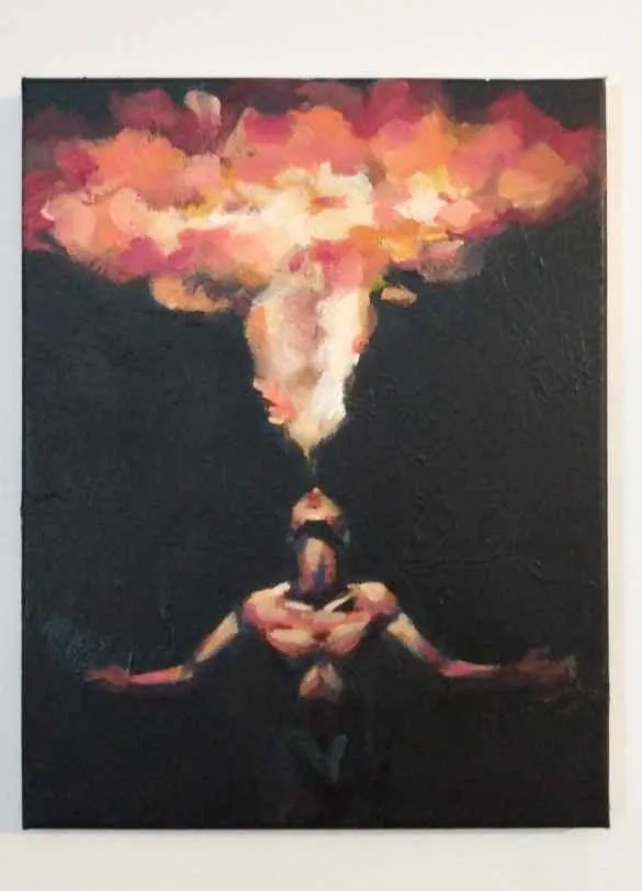 Bright acrylic painting of a figure breathing a stream of fire