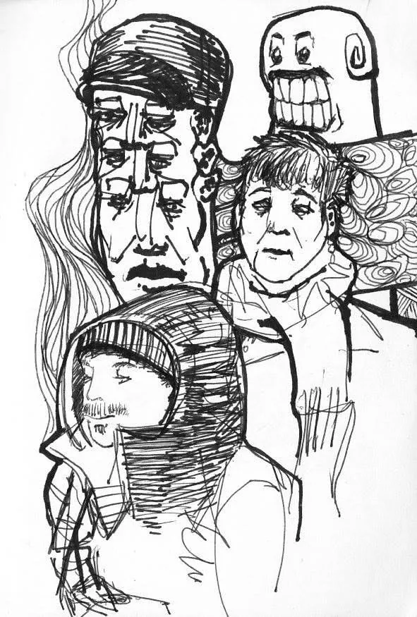 Pen sketch of four faces and figures, 2021