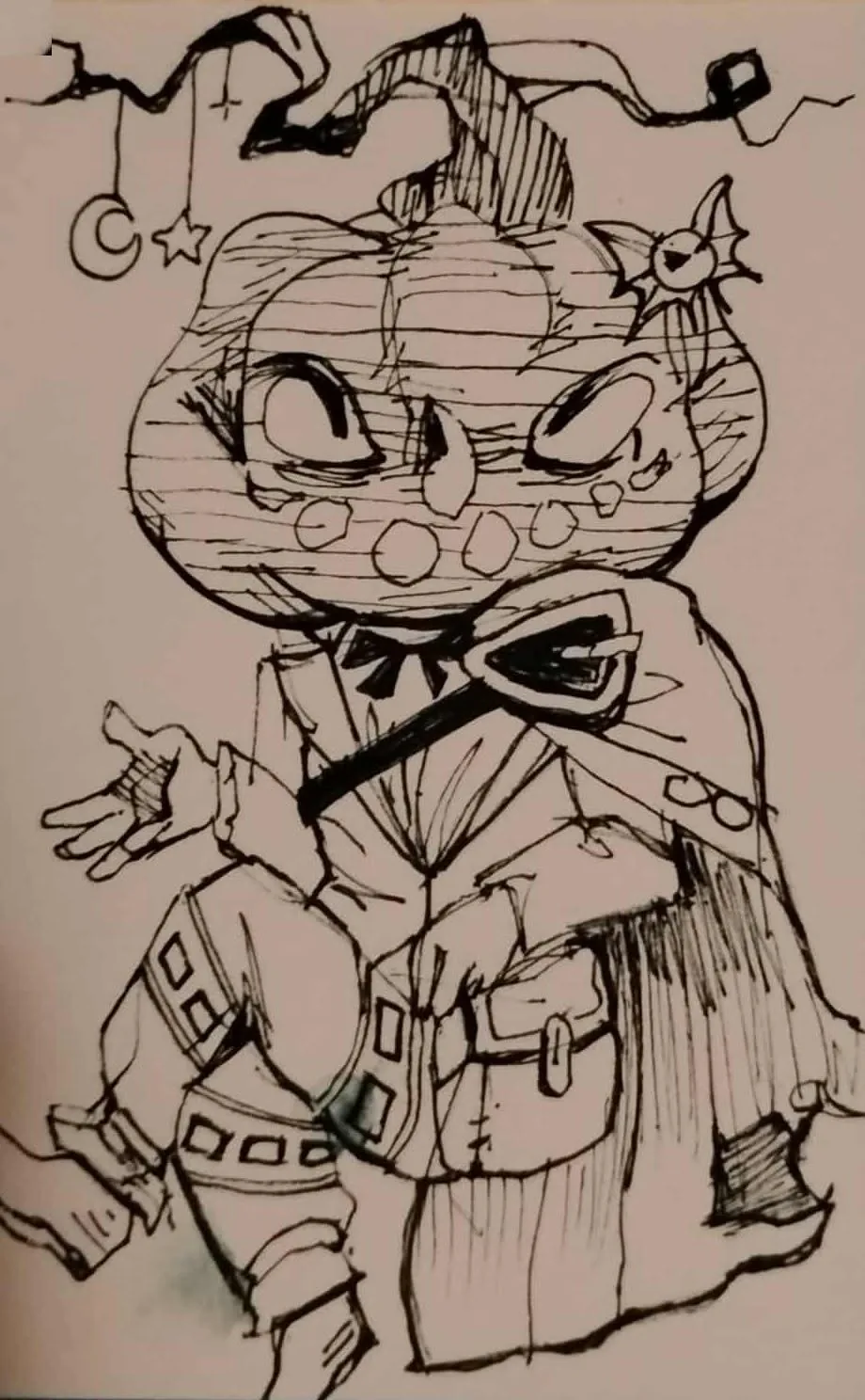 Ink illustration of a pumpkin-headed character wearing a bow tie