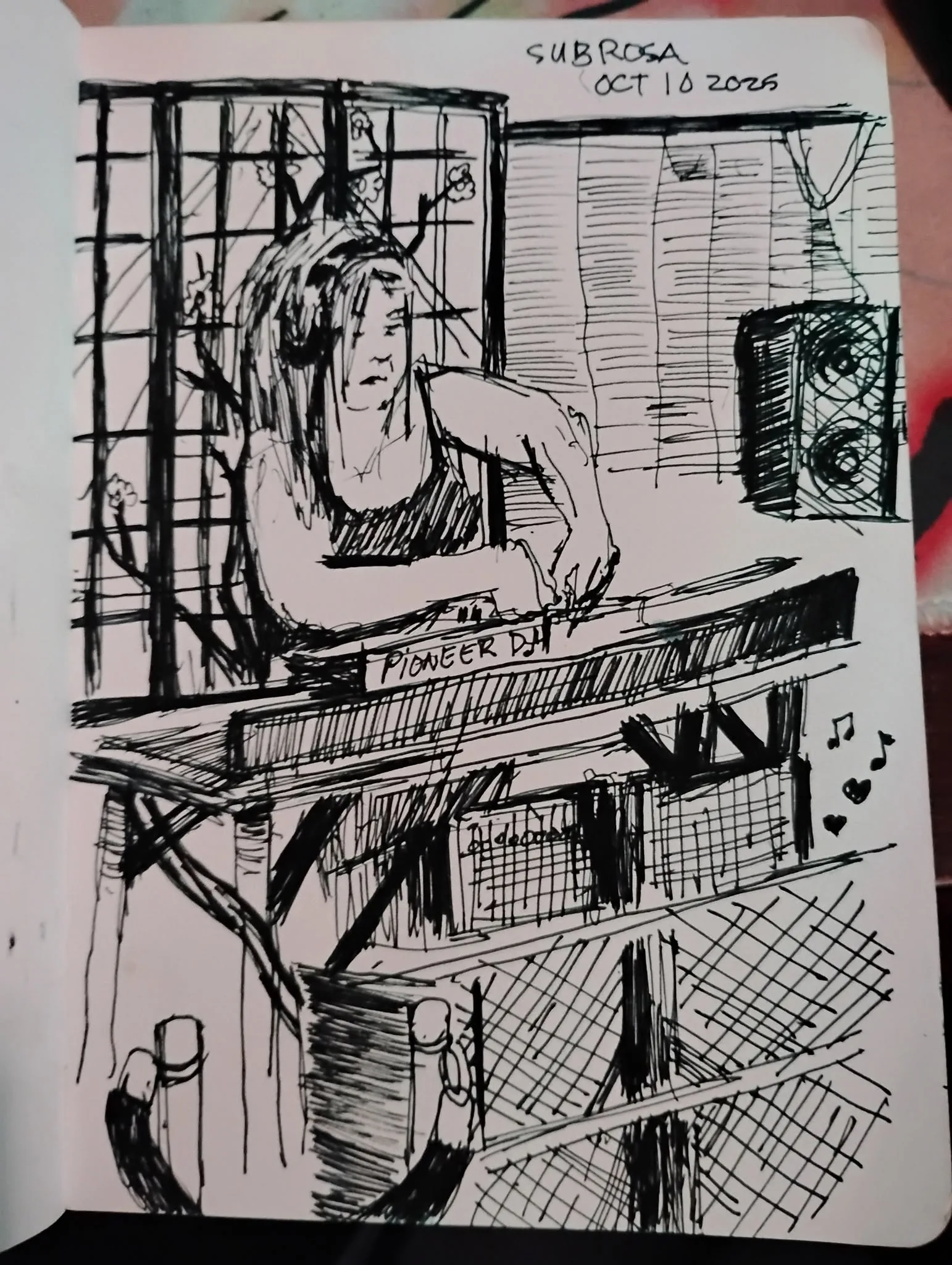 SUBROSA ink illustration of a DJ at Pioneer decks
