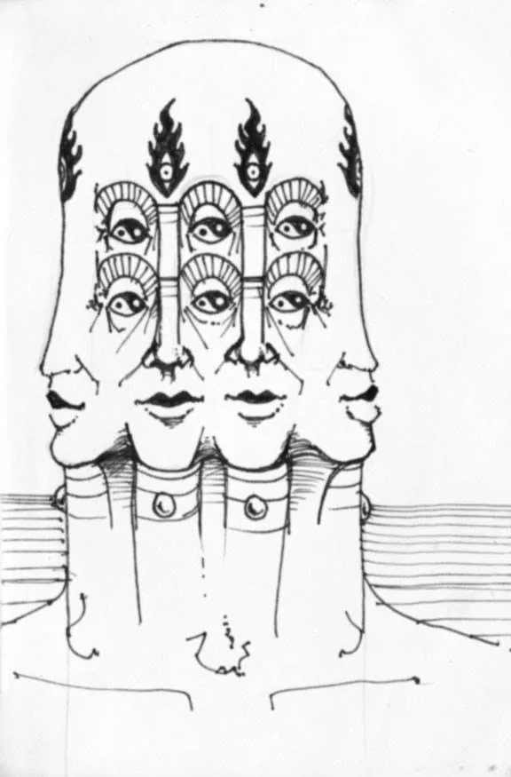 Ink sketch of a surreal multi-faced figure with six eyes and flame motifs, 2014