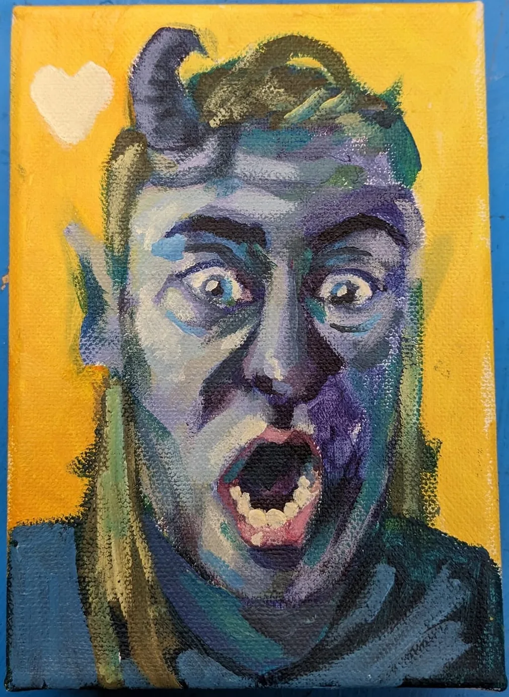Toxic Love, expressive painted portrait on a yellow ground with a small heart, 2024