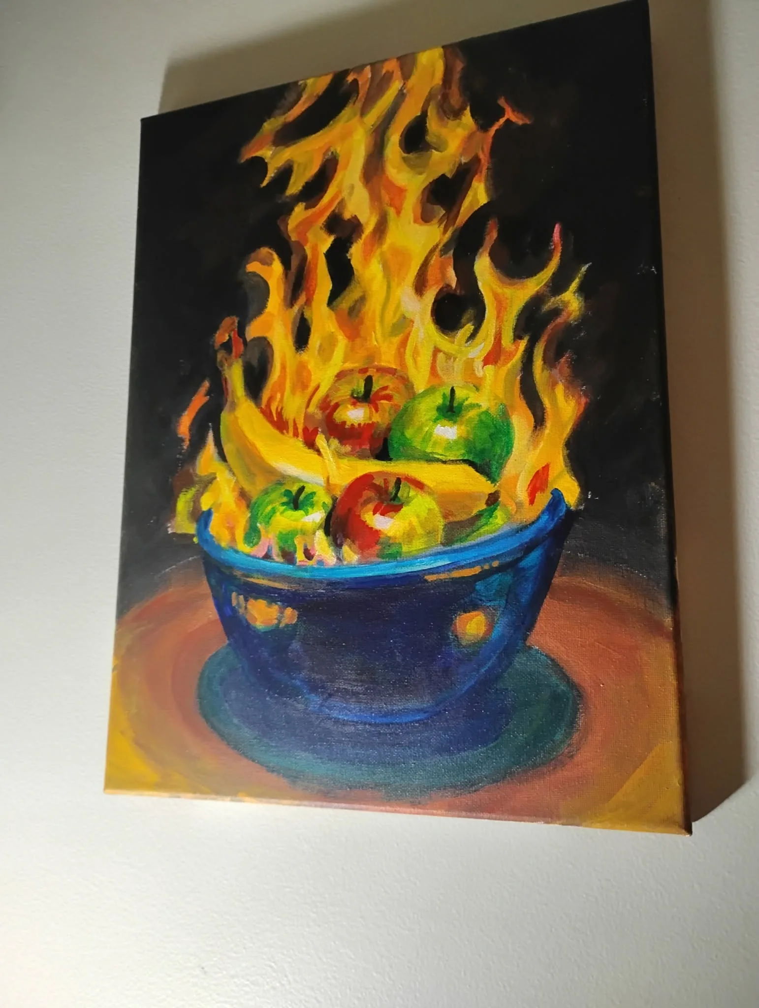 Representative work from the 2026 paintings series: a burning fruit bowl