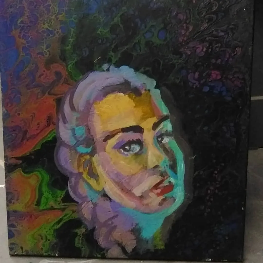 Colorful portrait painted over an acrylic-pour background