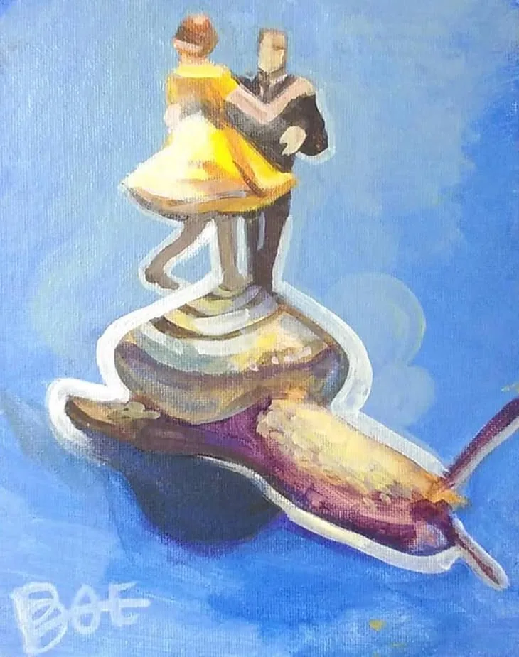 Acrylic painting of a dancing couple standing on a snail against a blue ground, 2019