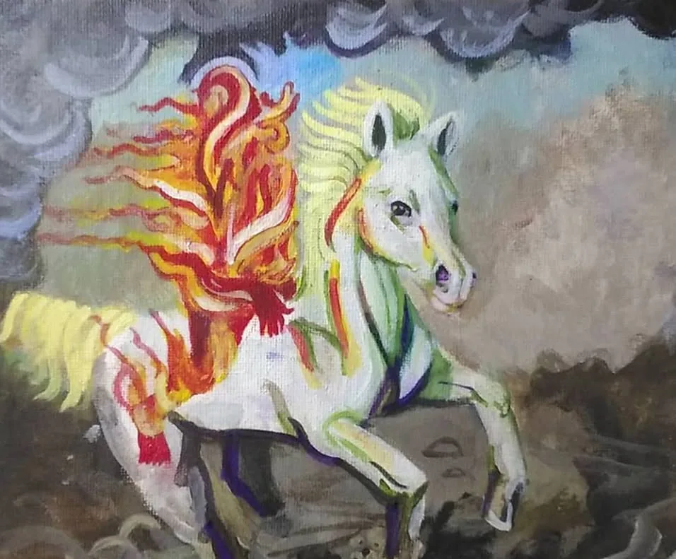 Acrylic painting of a white horse with a flaming mane and tail, 2019