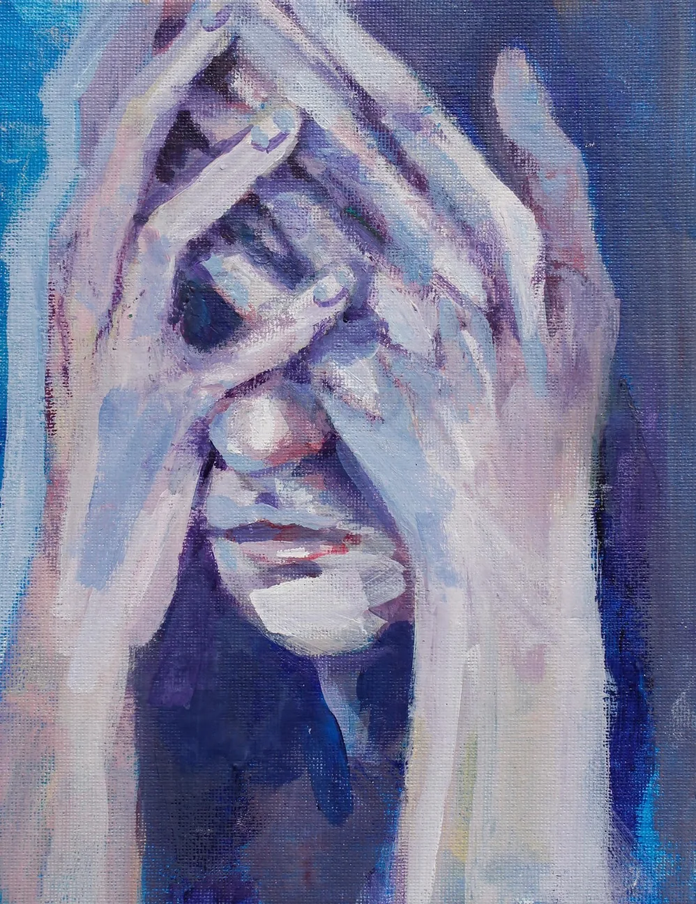 Acrylic portrait study of hands covering a face in blue and purple tones