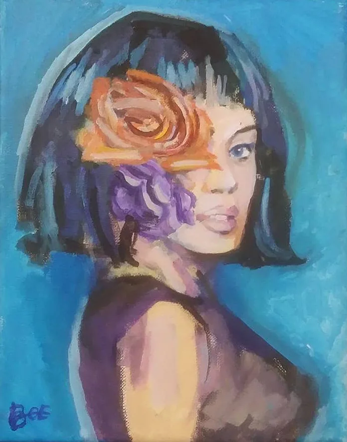 Portrait study of a woman with a dark bob and flowers over one eye on a blue ground