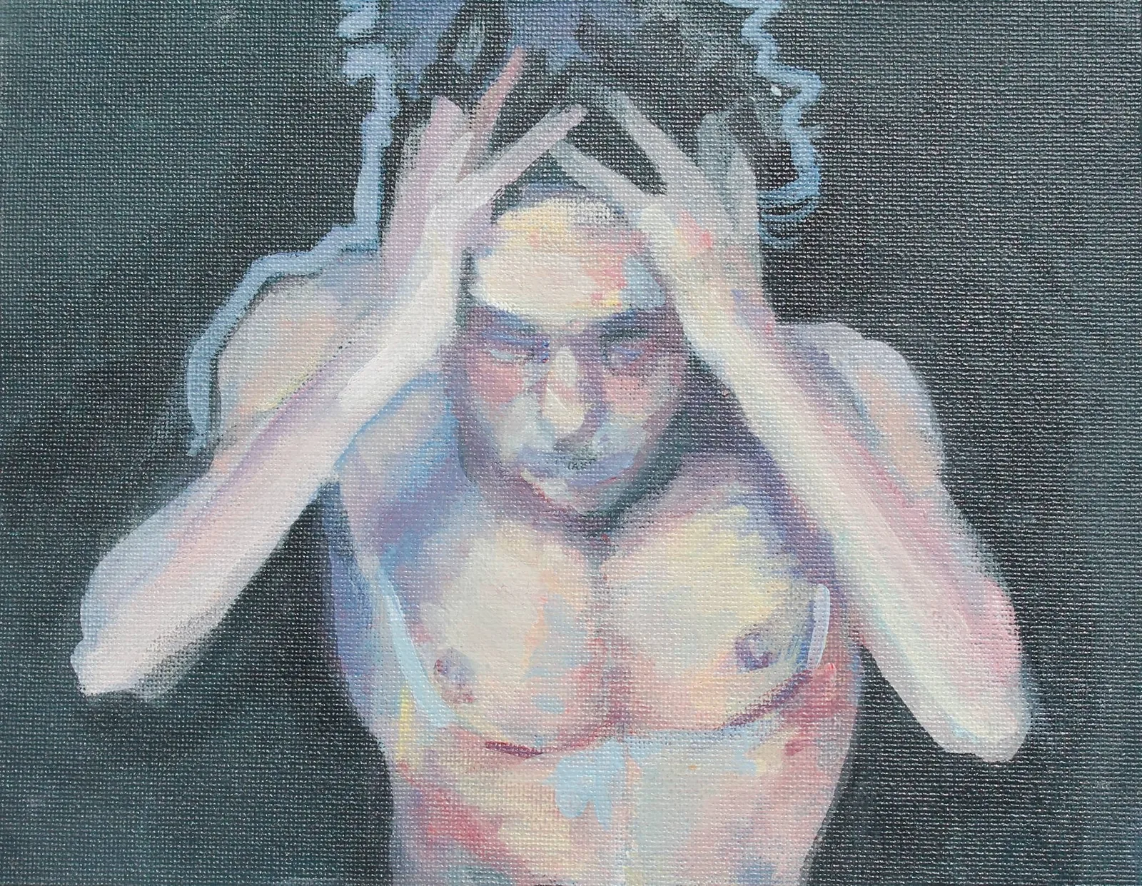Acrylic painting of a figure with raised hands in pale blue tones