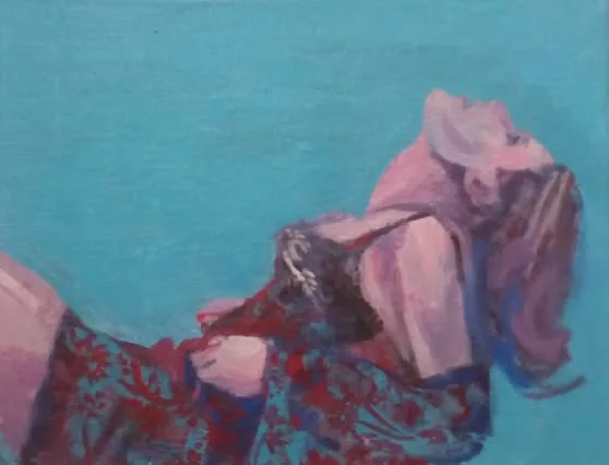 Acrylic painting of a reclining woman in a red-black dress on a turquoise ground