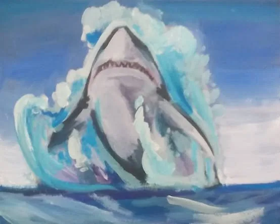Acrylic painting of a shark breaching through a wave