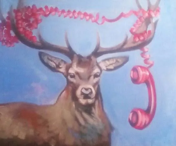 Acrylic painting of a stag with a pink telephone cord tangled in its antlers on a blue ground