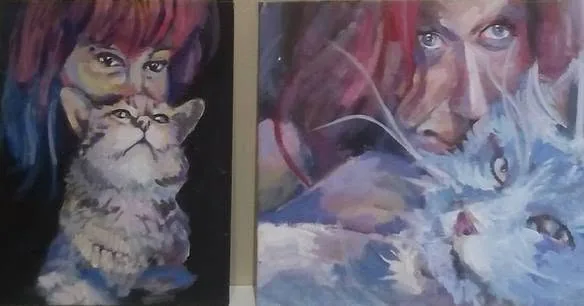 Acrylic diptych with two panels of a woman with cats