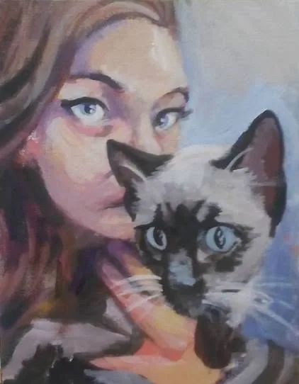 Acrylic painting of a woman holding a Siamese cat