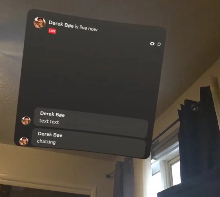 PicassOS live-stream notification and chat panel floating in the first-person view