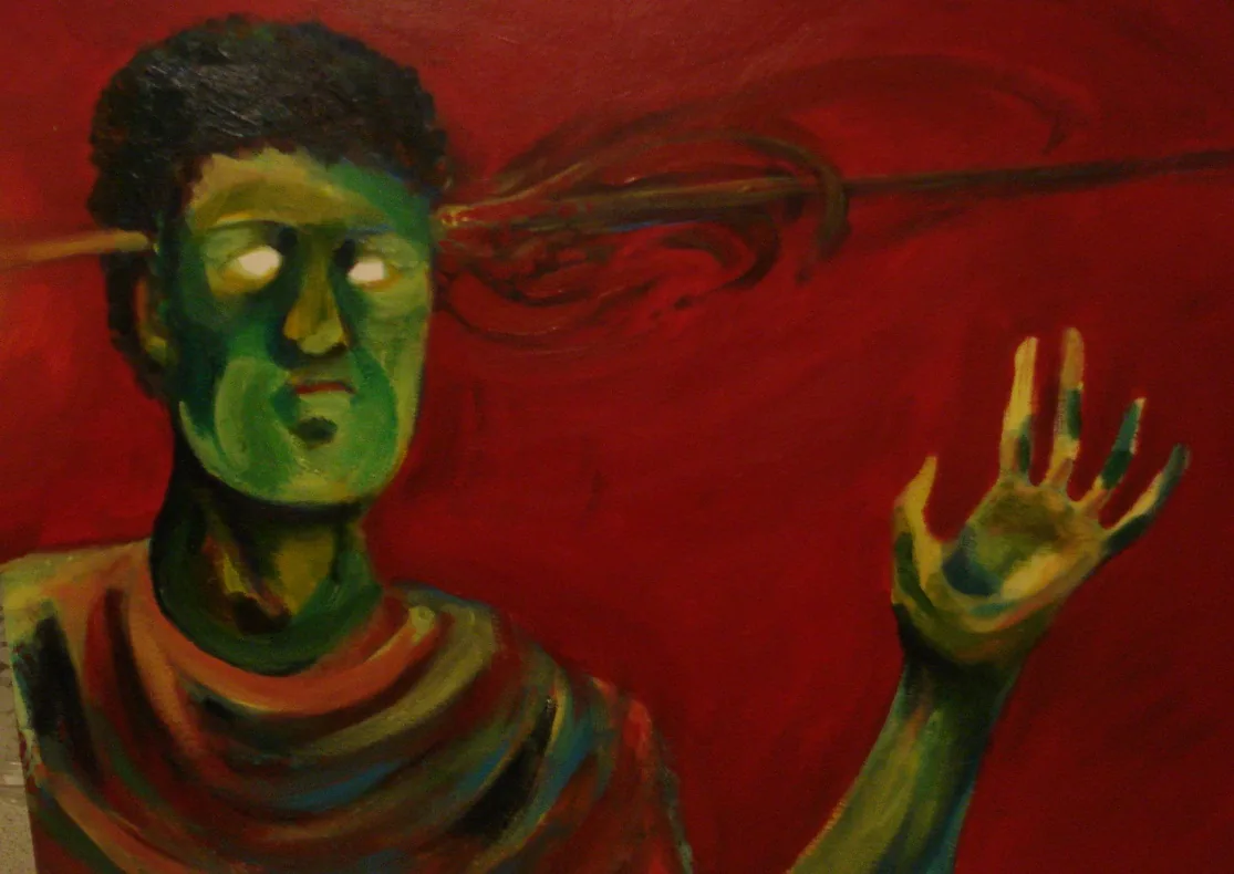 Green-faced self-portrait with an arrow through the head on a red ground, 2010